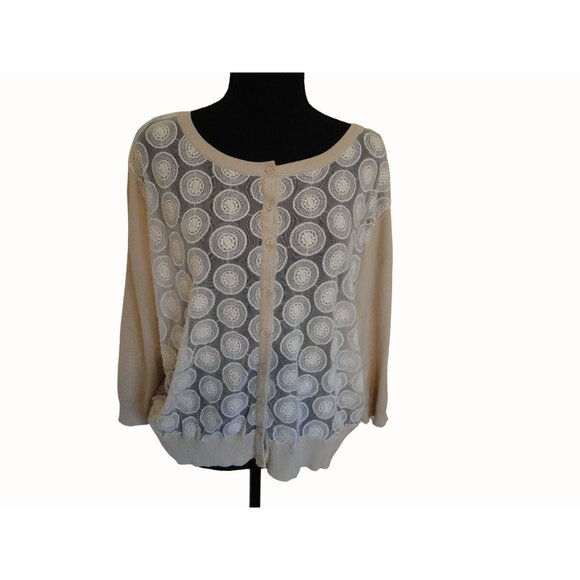 Sahalie Long Sleeve Sweater Lace Button Front Beige Womens Size 2X - Picture 2 of 10